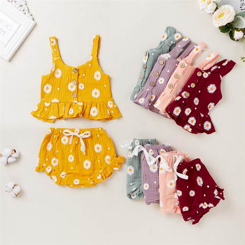 1-5Years Kid Girls Summer Clothing Set  daisy Flower  Button
