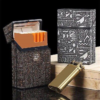 Vintage Egyptian Pattern Coarse Cigarette Case Push To Open
