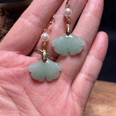 Retro Natural Green Jade Ginkgo Leaf Style Pearl Drop Earrin