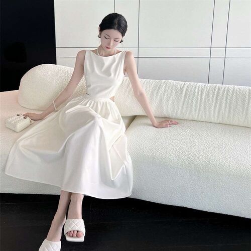 Hepburn Style Tight Waist Skinny White Dress Summer White Mi