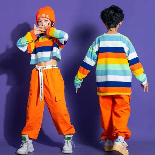 Girls Hip Hop Sreet Dance Clothes Striped Crop Top Cargo Pan
