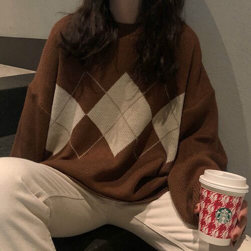 Knitted Sweaters Women Casual Pullover Fashion Argyle Sweate