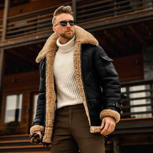 Mens Thickened Fur Collar Windproof Pu Leather Coat Male Br