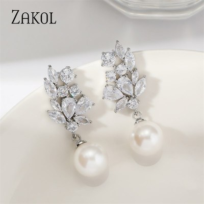 ZAKOL Fashion Round Imitation Pearl Pendant Earring for Wome