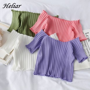 HELIAR Women Summer T-shirts Square Neck Crop Tops Knitting