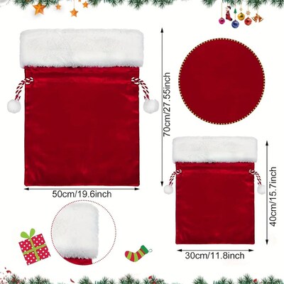 1pc Velvet Santa Claus Gift Bag with Drawstring, Red with Wh