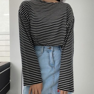 WOTWOY Casual Striped Long Sleeve Knitted T-shirt Women 2023