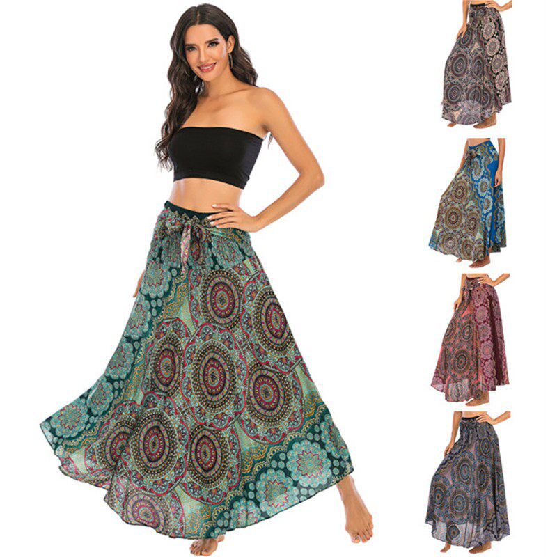 Fashion Summer Long Skirts Women Bottom Boho Vintage Print M图片