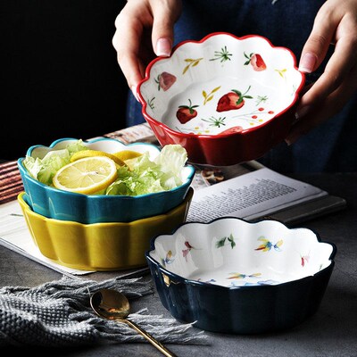 Nordic Simple Hand Painted Ceramic Salad Cake Bowl Colorful
