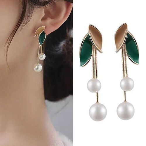 Womans Imitation Pearl Dangle Stud Earring Green Leaf Zinc