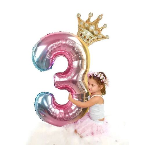 2pcs 32inch Rainbow Number Foil Balloons with Crown for Kids