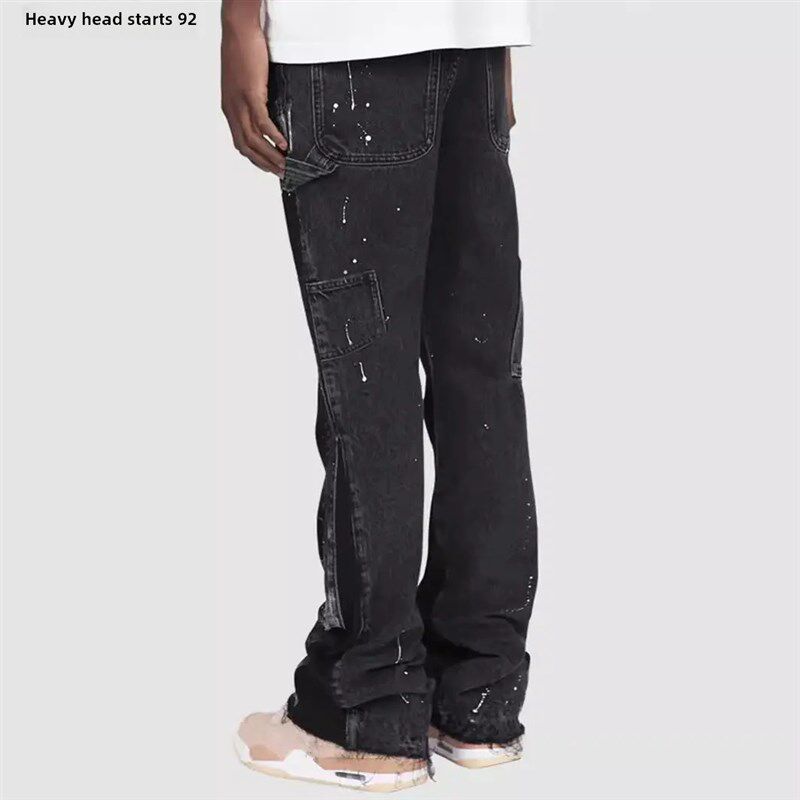 Mens denim work pants flared pants弹力贴布牛仔叠层喇叭裤