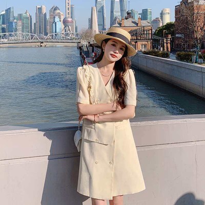 Bubble-Sleeve Ear-Edge Dress Womens Summer New Style Elegan