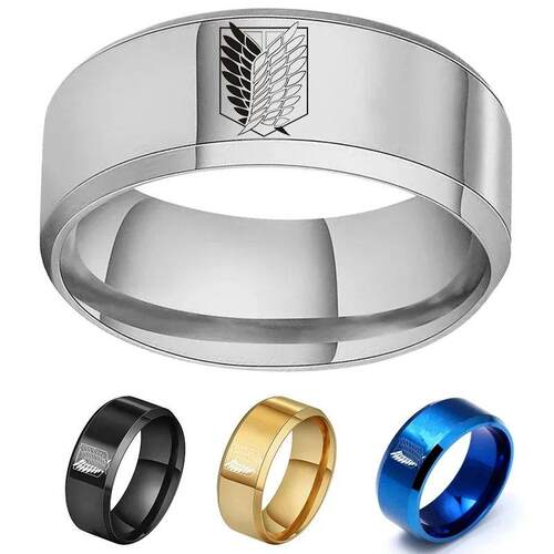 8mm Attack on Titan Black Sliver Stainless Steel Ring Wings