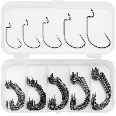 51pcs Carbon Steel Offset Fishhook Bass Barbed Carp Fishing