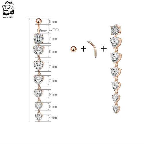 7 Heart Crystals Long Dangled Belly Button Rings Surgical St