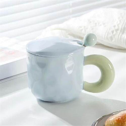 Cute Splicing Colors Ceramic Coffee Mug with Spoon