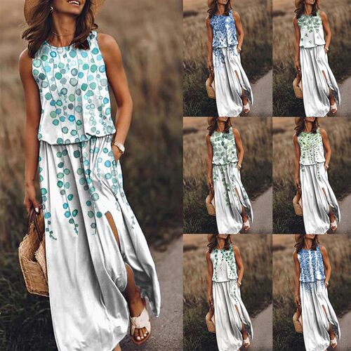 Womens Summer Long Dress Crew Neck Sleeveless Side Slit