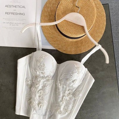 Women White Beading Corset Crops Vintage Palcae Embroidery B