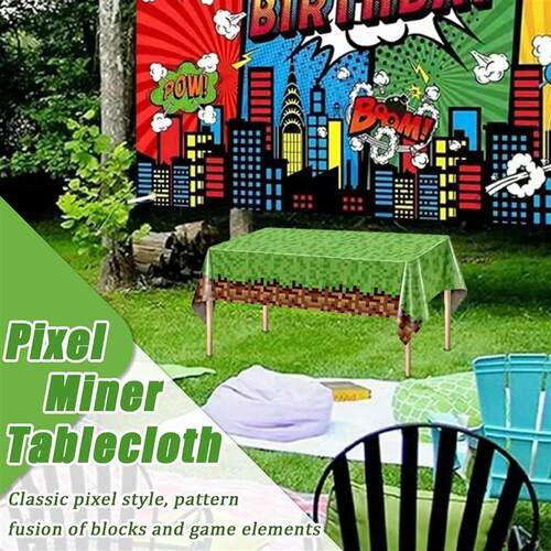 3 Pcs Pixel Miner Tablecloth, Game Themed Birthday Birthday