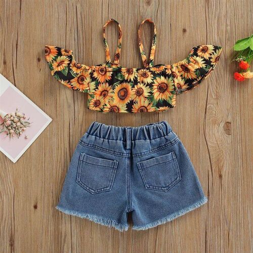 2025 Summer Girls Clothing Set Off Shoulder Sunflower Blouse