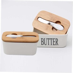 Butter Lid Dish Ceramic Wood Food With Sealing Box Knife