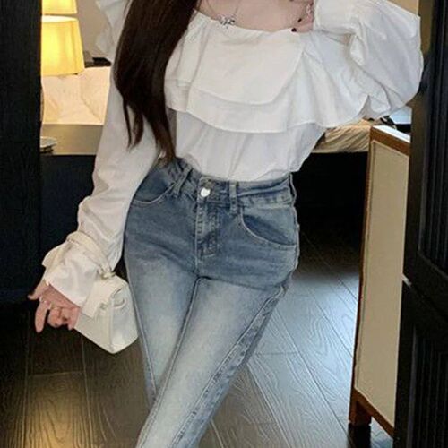 Korean Fashion White Shirts Women Spring Long Sleeve Slash N