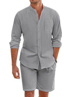 Cotton Linen Long Sleeve Shirt + Shorts Summer Men Two-Piece