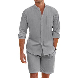 Sleeve Shirt Two Linen Piece Men Long Summer Cotton Shorts
