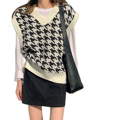 Women Sweater Vest Autumn Houndstooth Plaid V-neck Sleeveles