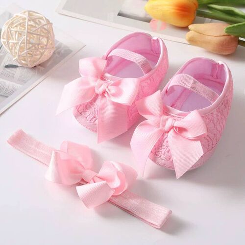 Newborn Baby Girl Christening Shoes Headband Set Soft Sole L
