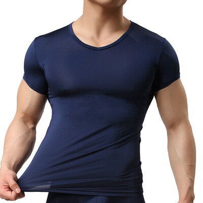 Mens Sheer Undershirts/Man Ice Silk Mesh See through Basics