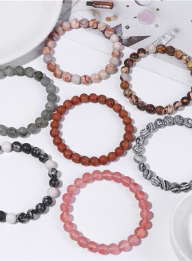 8mm Black White Natural Stone Bracelet Handmade Matte Opal