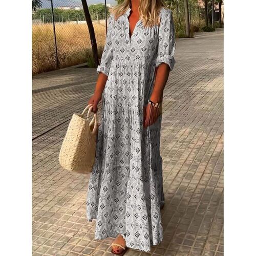 Womens Vintage Stand llar Plus Size Fashion Loose Dress Lon