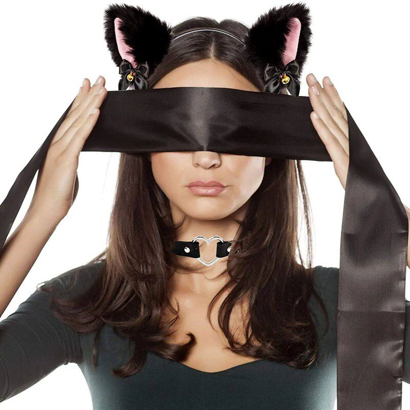 2 Buah Bando Telinga Kucing Hitam dengan Bel Kalung Choker H - 实物图