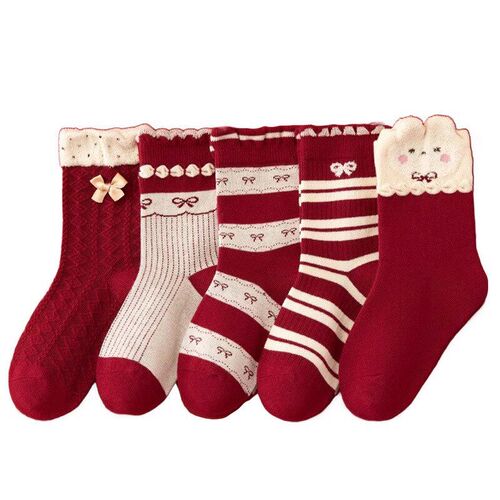 Girls Red MidCalf Sweet Lace Socks Kids WinterAutumnNew Year