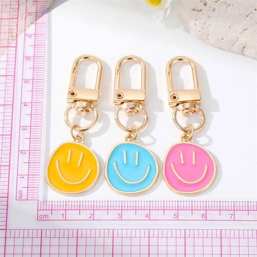 Cute Smile Face Keychain Yellow Pink Blue Black Enamel Metal