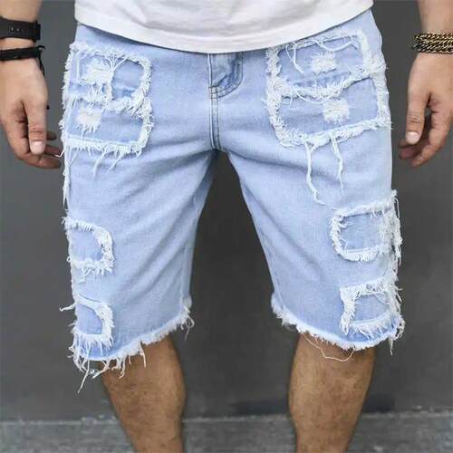 Denim Hole Knee Length Men Washed Jean Mid Waist Spliced Rip