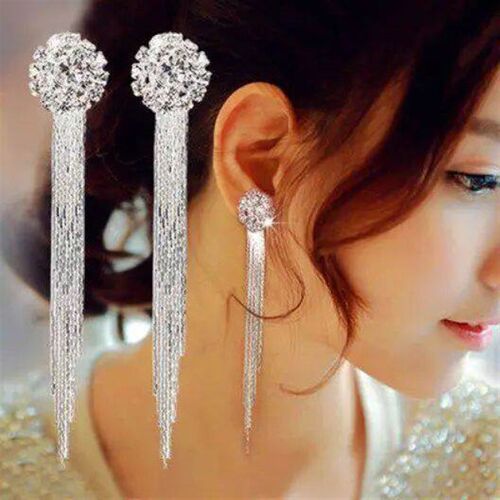 Classic Luxury Bridal Rhinestone Round Shape Long Tassel Cli