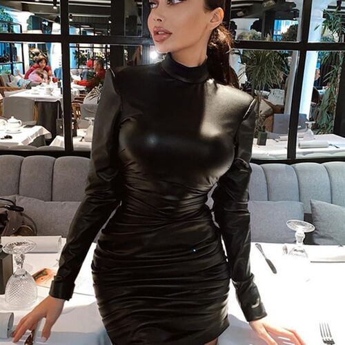 Dulzura Pu Leather Mini Dress Ruched Turtleneck Long Sleeve