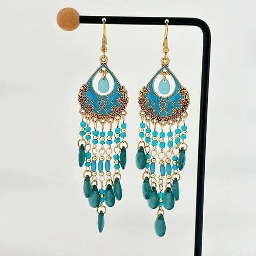 Bohemian Long Colorful Tassel Beads Water Drop Dangle Earrin