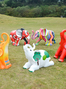 玻璃钢艺术大象雕塑花园小区楼盘商业街草坪彩色动物落地摆件定制