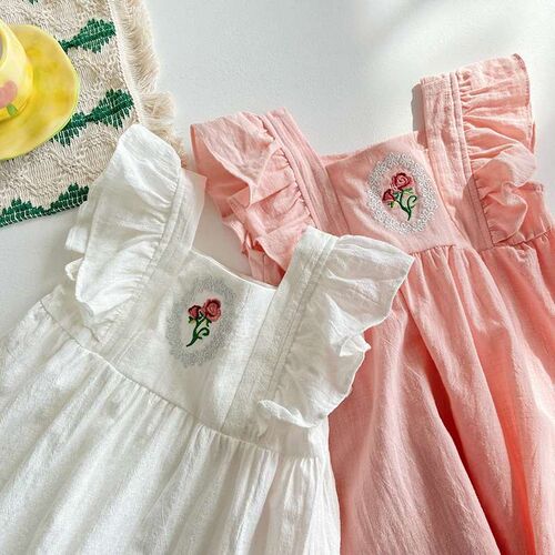 French Rose Embroidered Girls Dress Summer New Square Colla