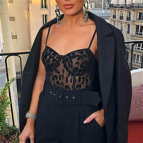 2020 Summer Women Leopard Mesh Sheer Elegant Bodysuit Leotar