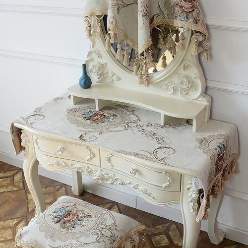 欧式梳妆台桌布家用卧室长方形桌面垫子床头柜布艺盖巾防尘天蓝色