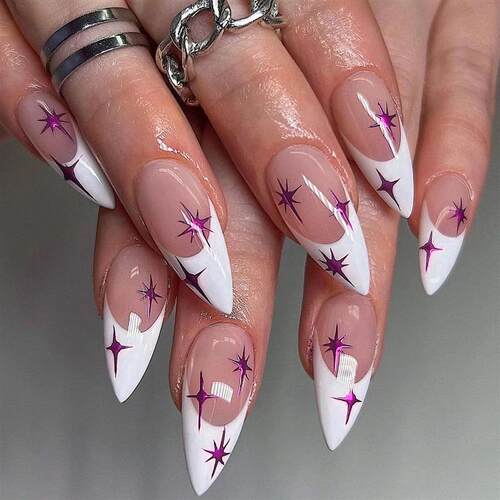24pcs/set Almond Pink False Nail Blue Stars Design Fake Fing
