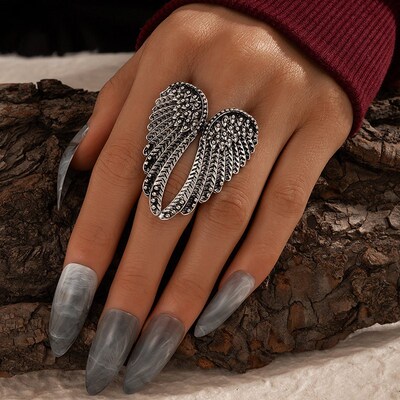 docona Vintage Silver Color Angel Wings Metal Rings for Wome