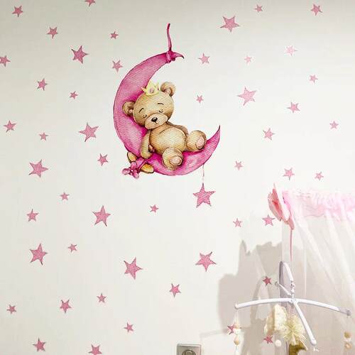 Cartoon Teddy Bear Sleeping on the Moon and Stars Wall ers f