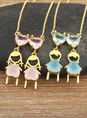 AIBEF Heart Rhinestone Girl&Boy Women Pendant Mother Necklac