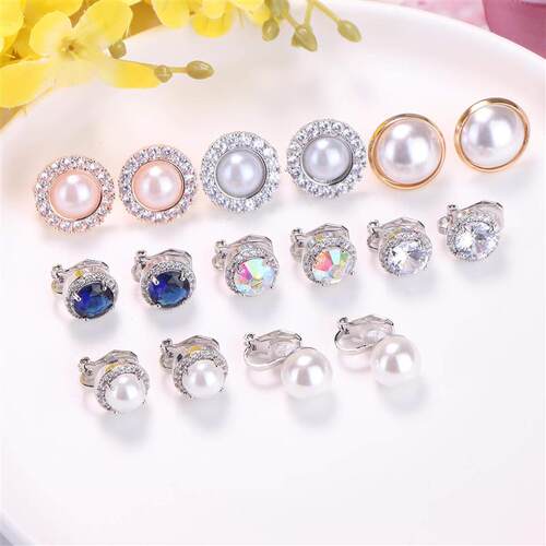 1Pair Simulated Pearl Clip On Earring Stud Cz Non Pierced